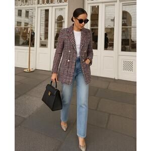 ASOS River Island Boucle Tweed Double Breasted Blazer Jacket Red Check Size 4
